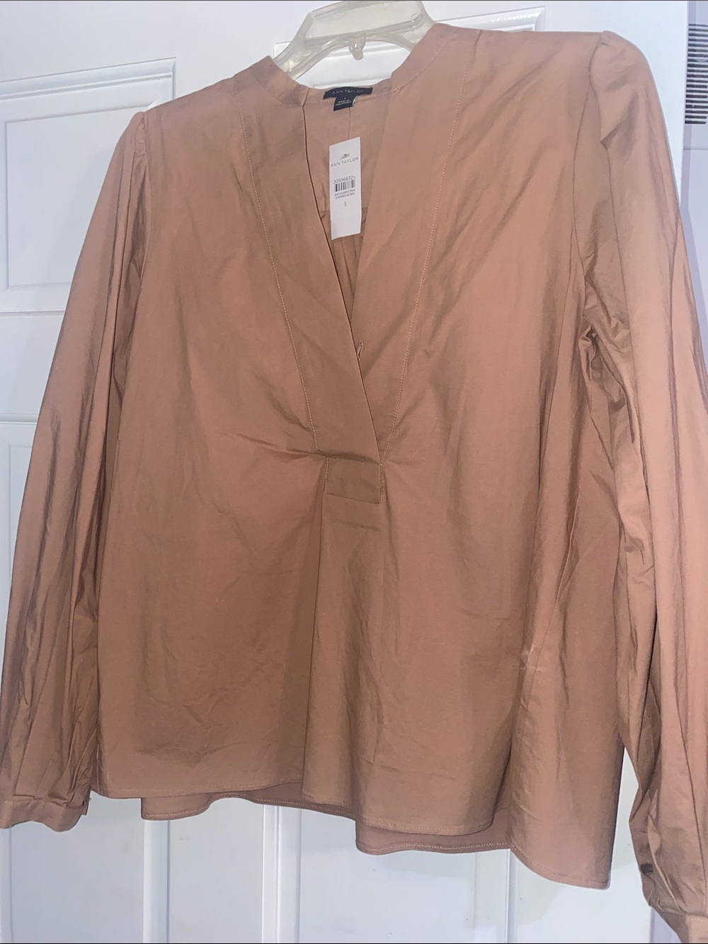 Ann Taylor Long Sleeve V-Neck boxy Blouse - Nude Beige